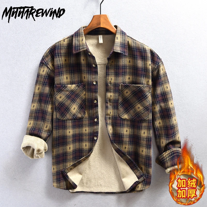 

New Winter Shirts Men Daily Causal Keep Warm Tops Lapel Loose Fleece Plaid Shirt with Pockets Japanese Vintage Clothes Fashion