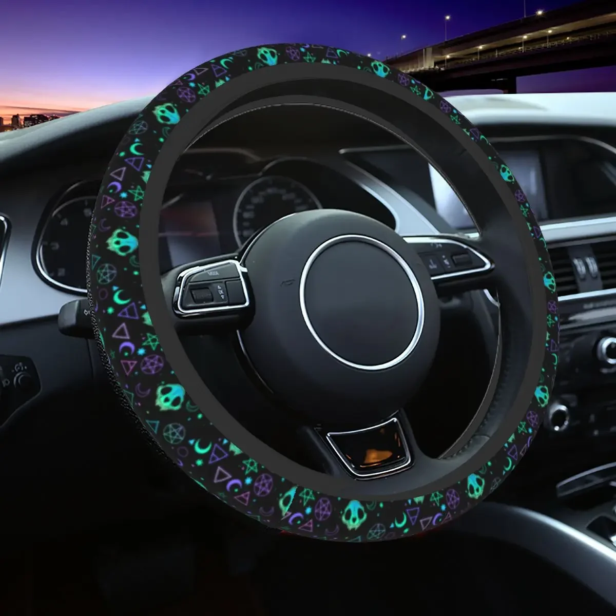 Psychedelic Cat Skull Car Steering Wheel Cover 38cm Soft Geometric Pattern Auto Steering Wheel Protector Auto Car Accessories