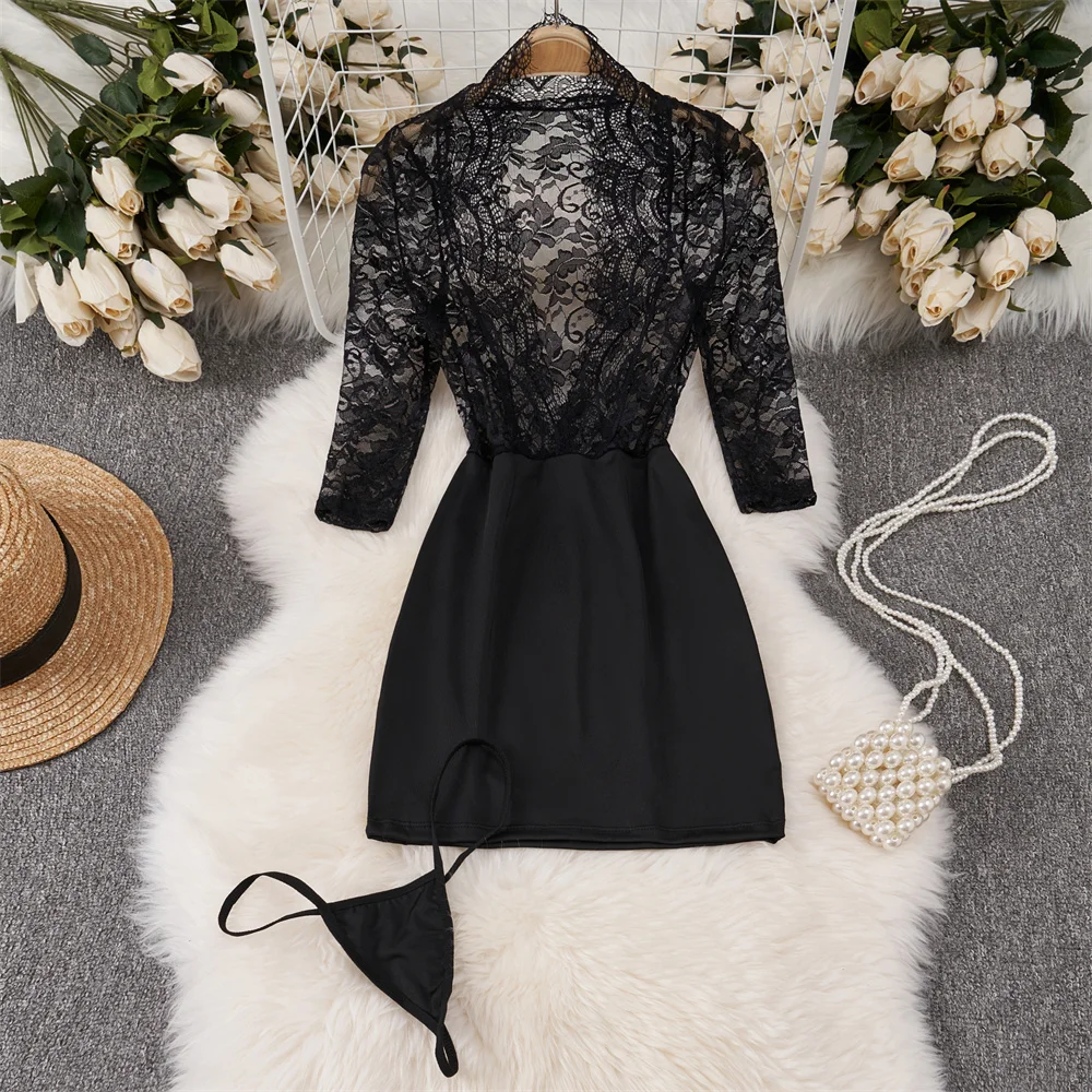 

Half Open Collar See-through Lace Patchwork Long Sleeve Mini Dress Sexy Elegant Women Skinny Black Nightdress New In Clothing