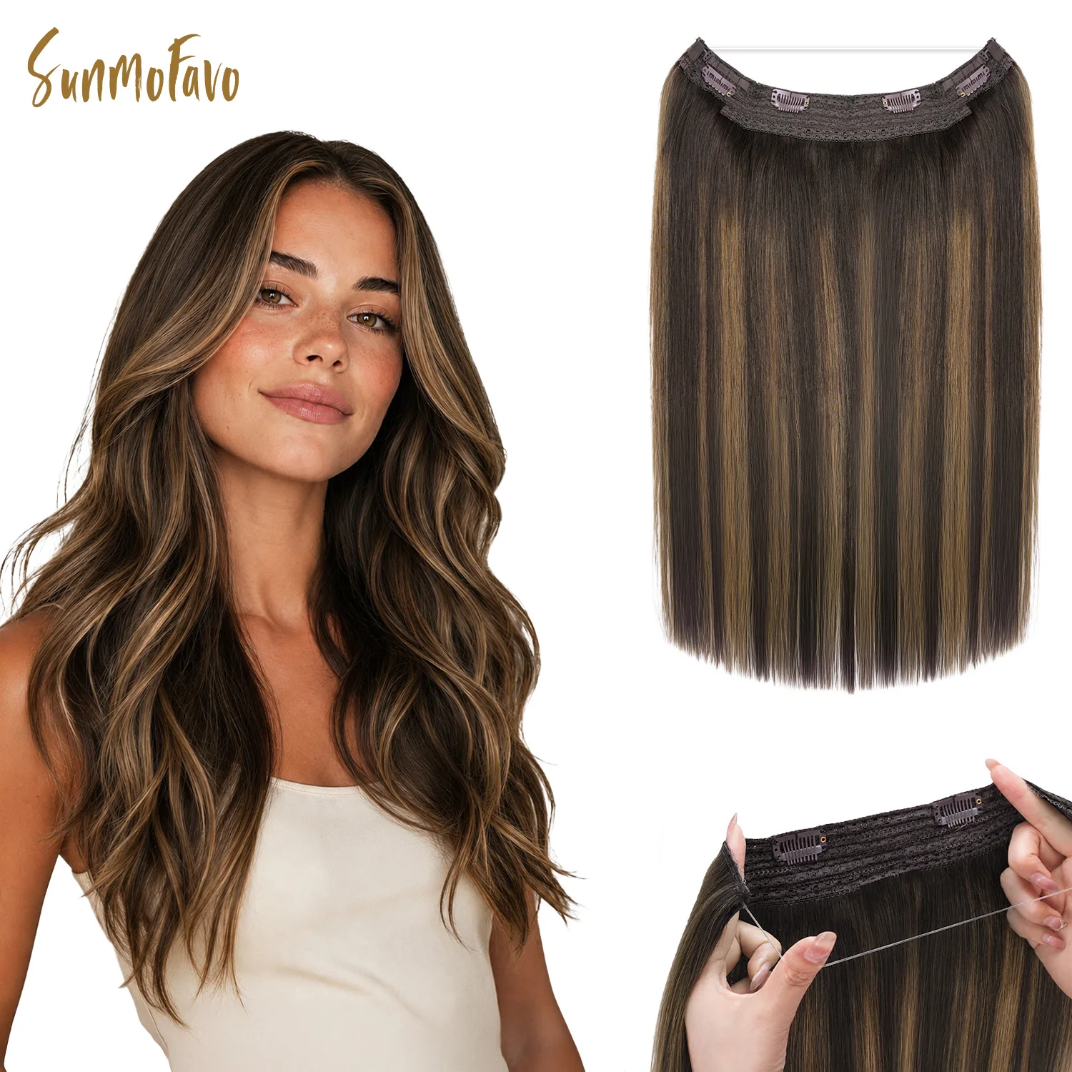 Sunmofavo 100% Real Remy Human Hair Halo Wire Hair Extensions,Free To Restyle, Full Hair Density, 2‑6‑2 Balayage Dark Brown Mixed Chestnut Brown 20 Inch, Invisible Fish‑Line With Adjustable Size, All‑Day Secure Fit,Fashion For All Occasions Daily Wear