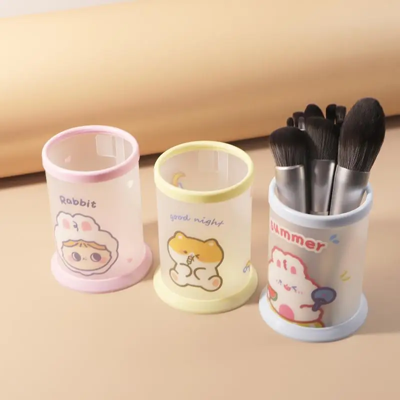 

Cartoon Transparent Round Pen Holder Storage Box Cute Pen Pencil Desktop Storage Box Portable Cosmetic Container