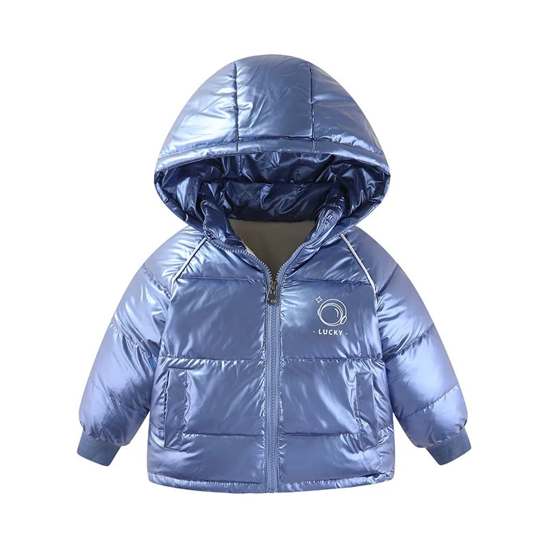 2023 Winter Boys Jacket Solid Color Glossy Cartoon Pattern Lining Plush Keep Warm Coat For 1-6Y Girls Hooded Down Cotton Outwear