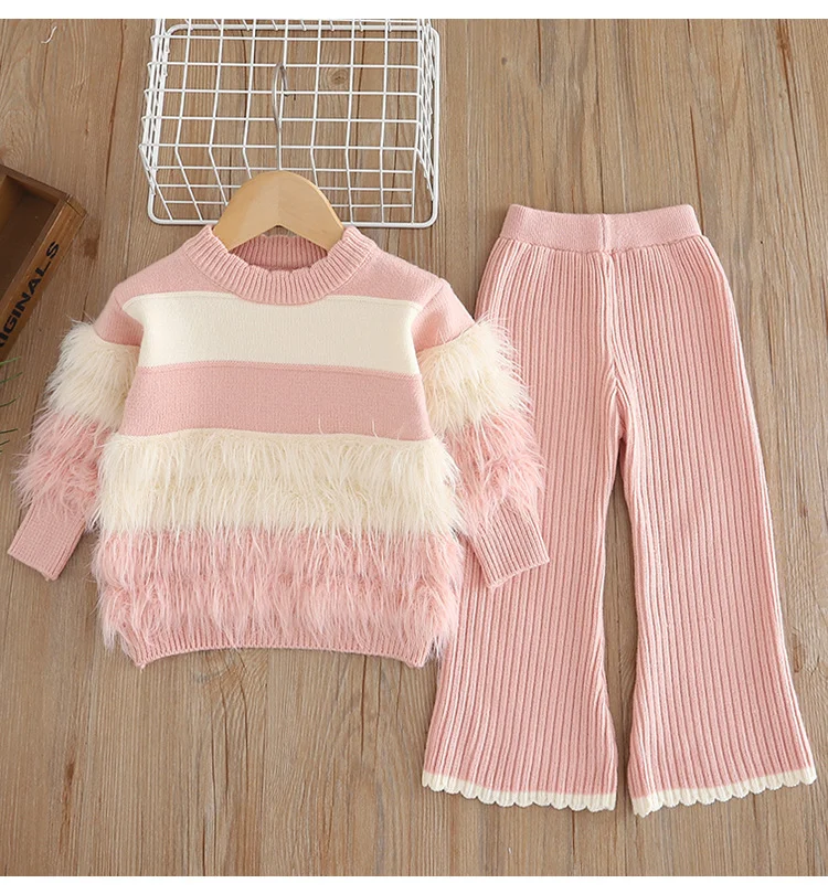 Girls Sweater Suit Autumn and Winter 2024 New Furry Little Girl Bell-Bottom Pants Knitted Two-Piece