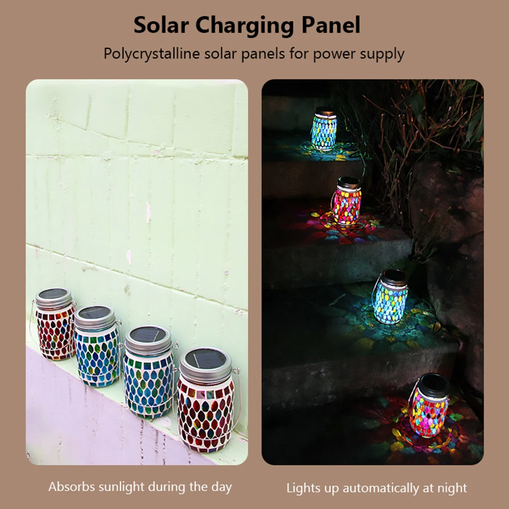 LED Outdoor Solar Hanging Lantern Waterproof Mosaic Solar Hanging Light Pendant Solar Night Light for Garden Backyard Lawn Party
