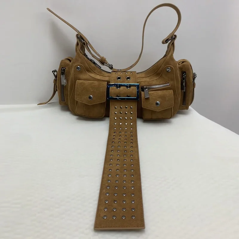 

Fashion Rivet Motorcycle Bags Light Luxury High-end Shoulder Bags Niche Design Belt Buckle Underarm Bags New Frosted Women Bags