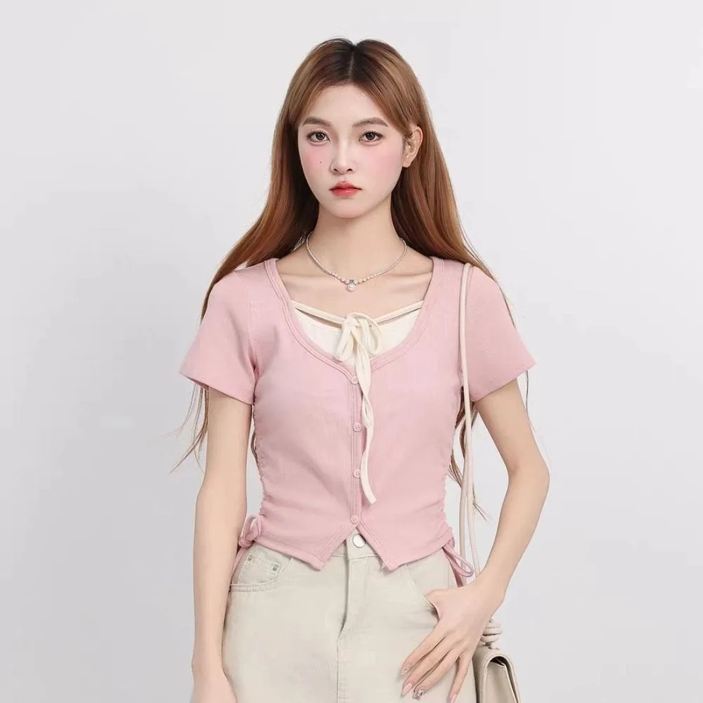 سترة علوية كورية ناعمة مكونة من قطعتين ملابس الشارع الجمالية برباط علوي قصير وحزام سباغيتي وأكمام قصيرة سترات خفيفة الوزن للنساء #2