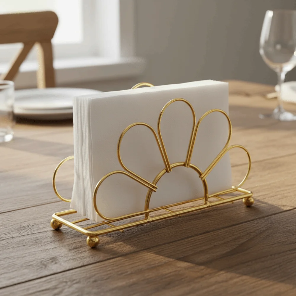 Durable Metal Napkin Holder Decorative Elegant Tabletop Tissue Rack Gold Flower Tissue Dispenser for Kitchen Dining Table