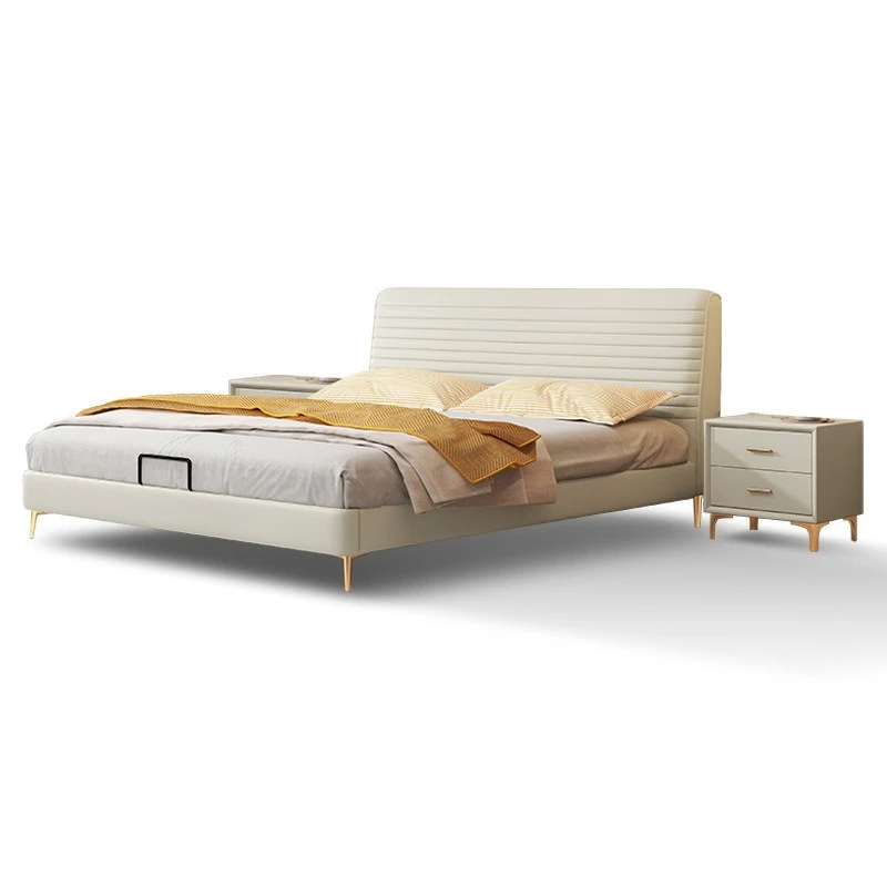 

Thin bedside leather art, master bedroom large double bed, high-footed bed, flush solid wood