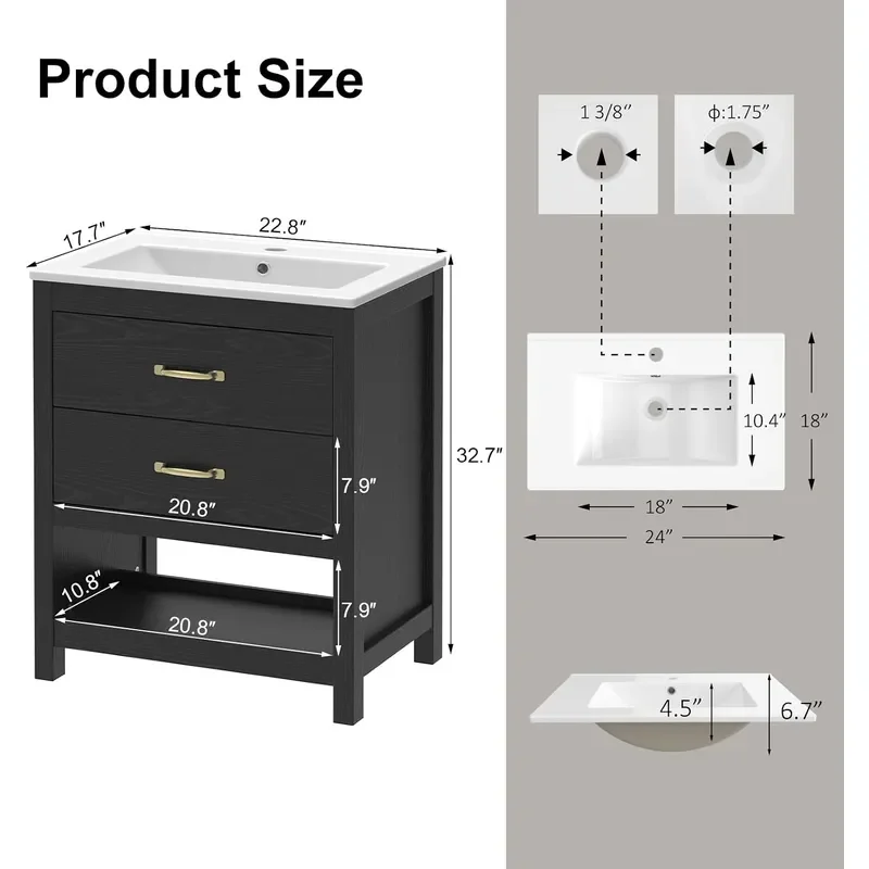 24 Inch Bathroom Vanity with Sink LED Light 2 Drawers Black