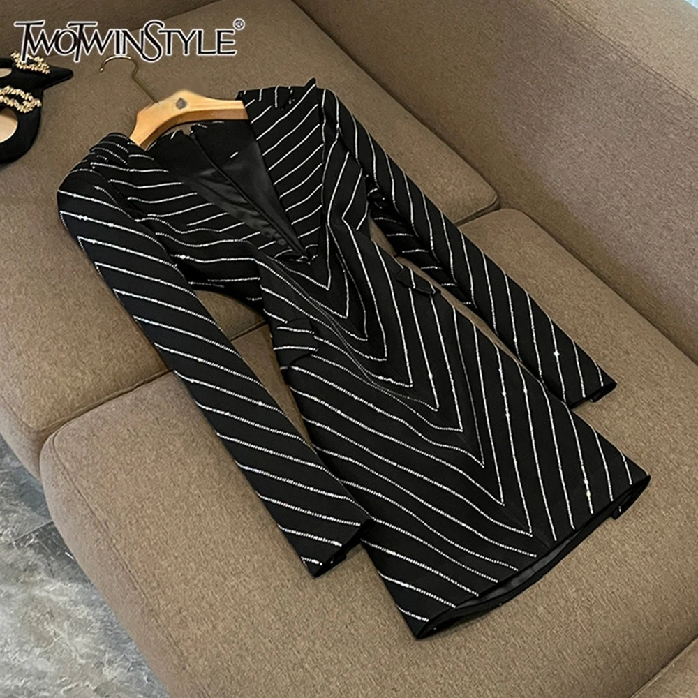 

TWOTWINSTYLE Sexy Stripe Hit Color Dlimming Dresses For Women V Neck Long Sleeve High Waist Elegant Dress Female New KDR504231