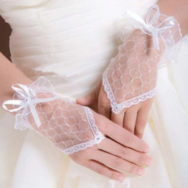 

1 Pair Elegant Bowknot Bride Short Gloves Sexy Lace Solid Color Wedding Gloves See Through Lace Mittens For Party Wholesale