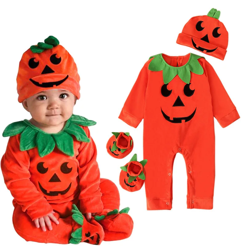 Children\'s European and American spring and autumn boys and girls long-sleeved Halloween pumpkin romper + hat three-piece ch