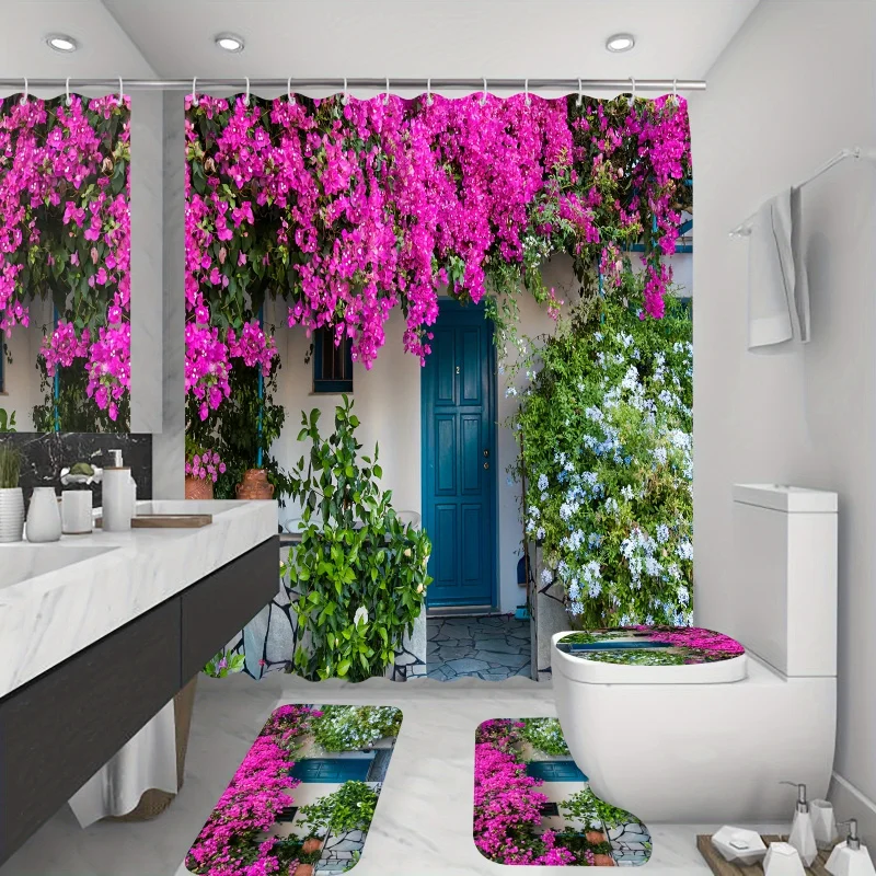 4PCs door garden printed shower curtain set, decorative bathroom set including waterproof shower curtain with hooks, non-slip