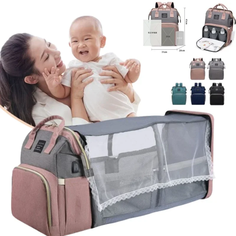 Multifunctional Mother and Baby Bag Mom Bag Bottle Backpack 2024 New Folding Sleeping Changing Bag Diaper Backpack