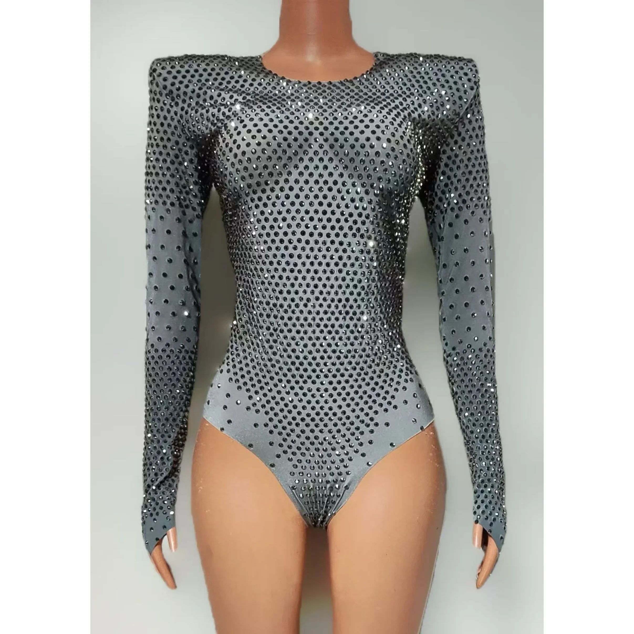 

Rhinestones Tight Bodysuit Women Sexy Long Sleeve Performance Dance Costume Nightclub Bar Celebrate Stage Leotard