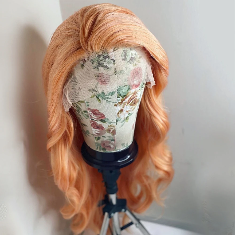 RDY Light Orange Body Wave Synthetic Lace Front Wigs For Women Daily Wear Side Part Lace Wigs Orange Wig Long Hair Cosplay Wigs