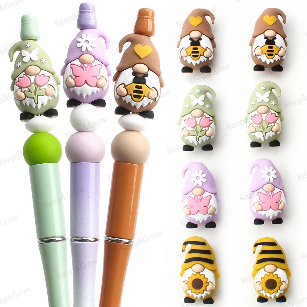 5/20/50Pcs 3D Gnomes Silicone Beads Cute Gnomes Butterflies Bees Daisies Flowers Focal Beads for Jewelry Making Pen Beaded