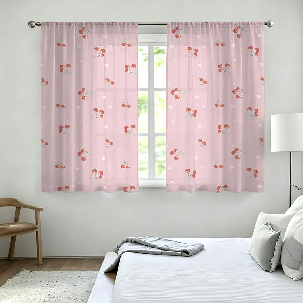 2pcs 90g rod-mounted curtains with a pink base and a pattern of small red cherry flowers, suitable for home decoration.