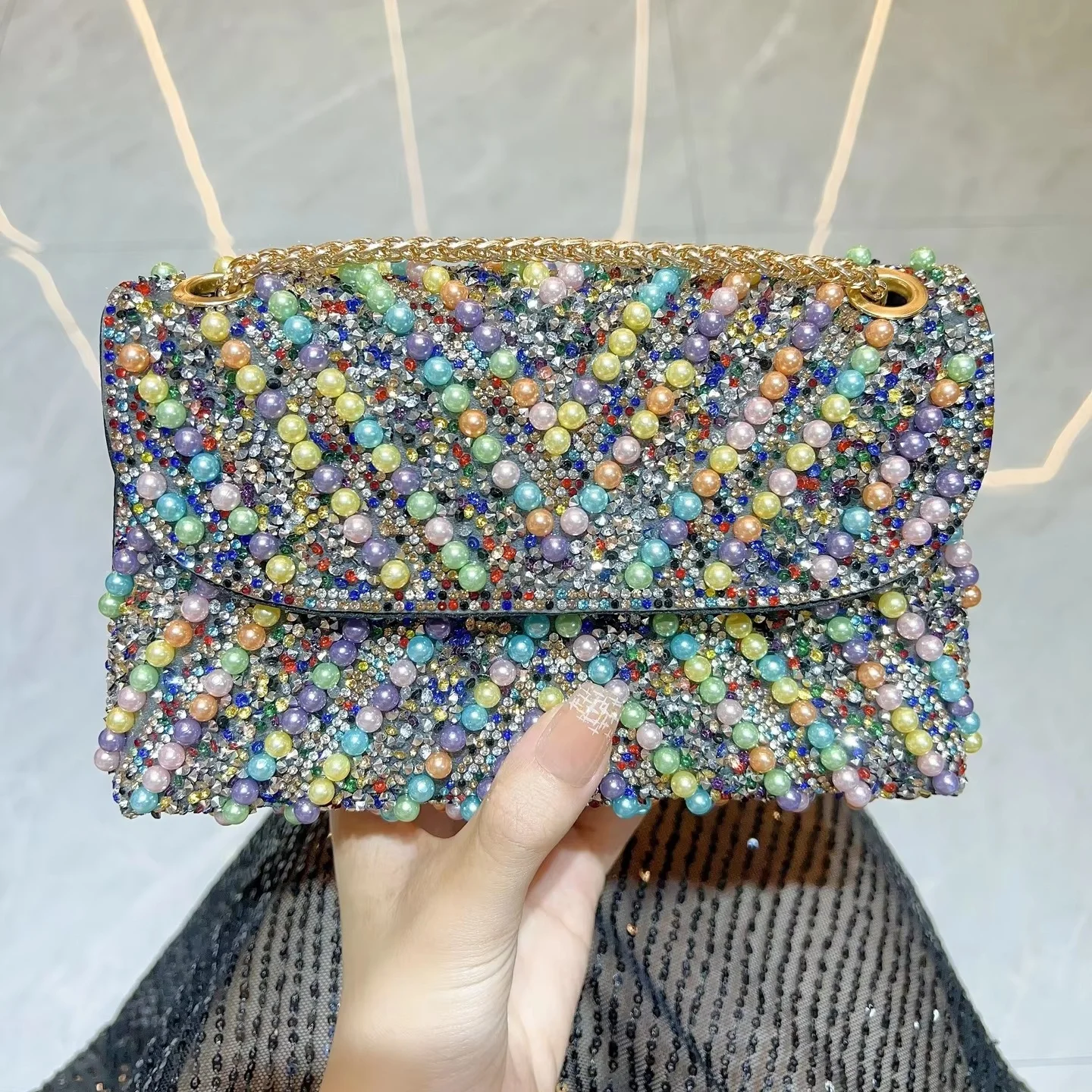 

2025 Women Handmade Pearl Clutch Purse Beaded Envelope Evening Handbag Acrylic Pearl Purse for Party Chain Shoulder Clutch Bags