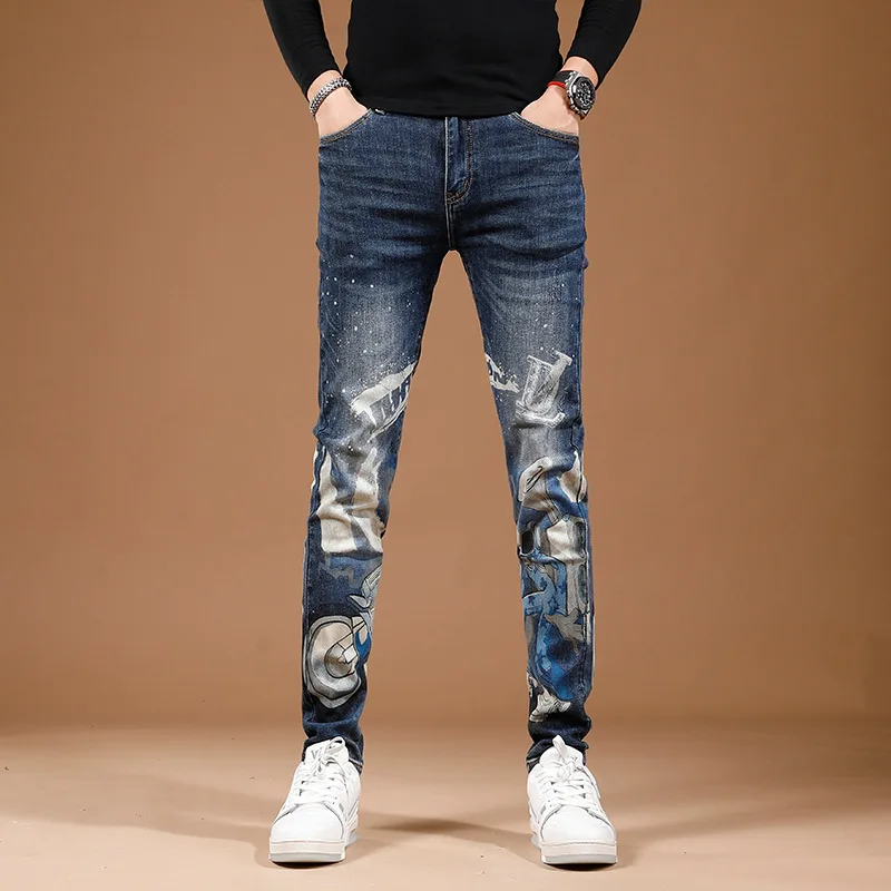 

2024 new fashion printed personalized jeans for men's street slim fit elastic feet high end trendy denim pants