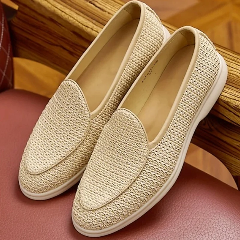 

Handmade Men Dress Shoes Straw Weave Breathable Round Toe Loafers Cowhide Leather Lining Slip-on Casual Shoes Men's Party Shoes