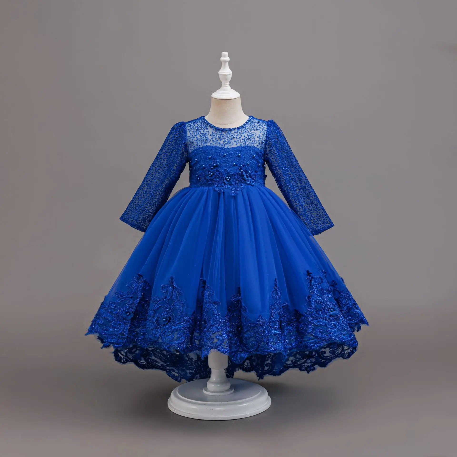 HETISO Kids Embroidery Trailing Party Dresses Beaded Lace Long Sleeve Wedding Princess Ball Gown for Girls 2-7 Years