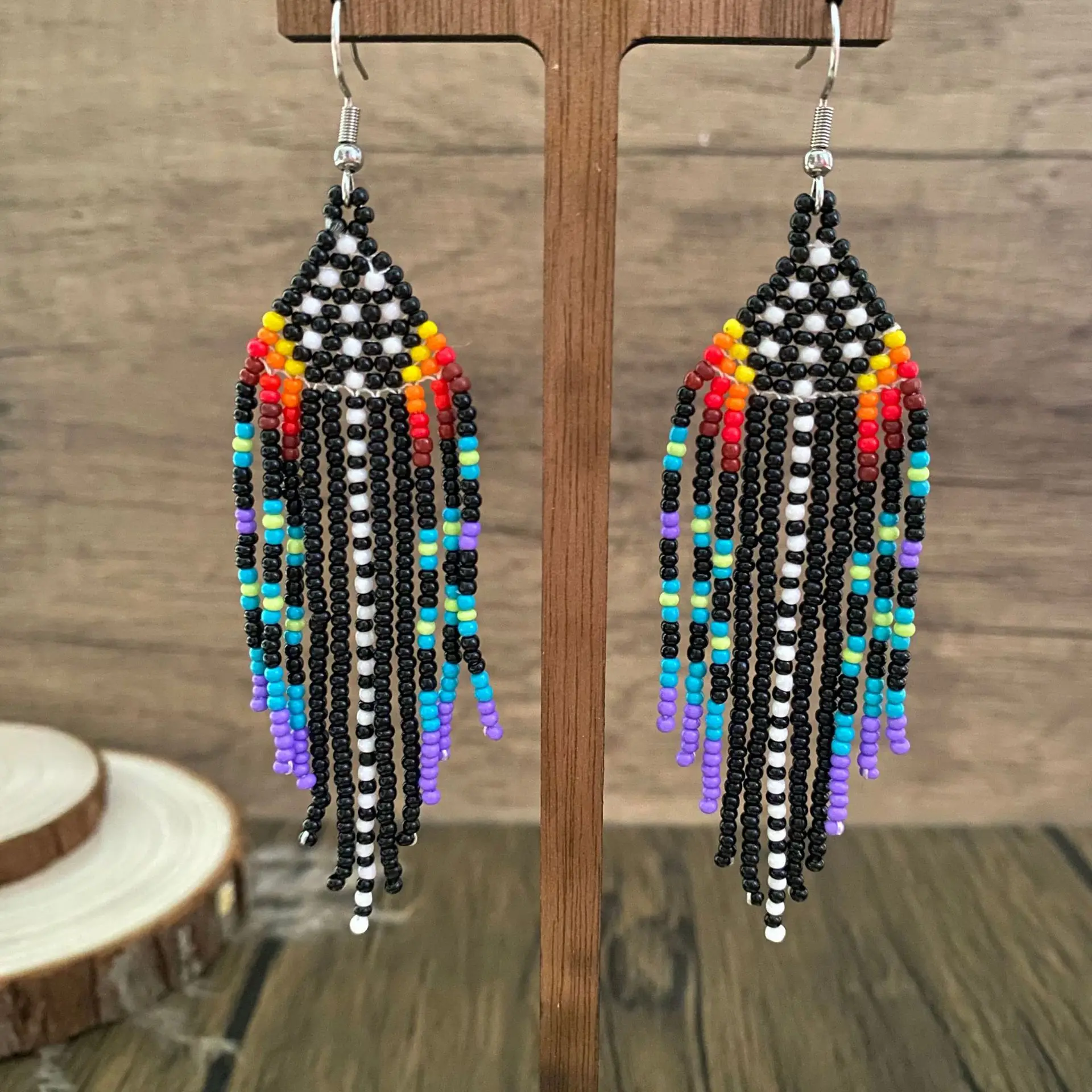 

Bohemia Rice bead earrings Rainbow Geometry Original Hand-woven Versatile Female Alloy Tassel Gradient color Beaded earrings
