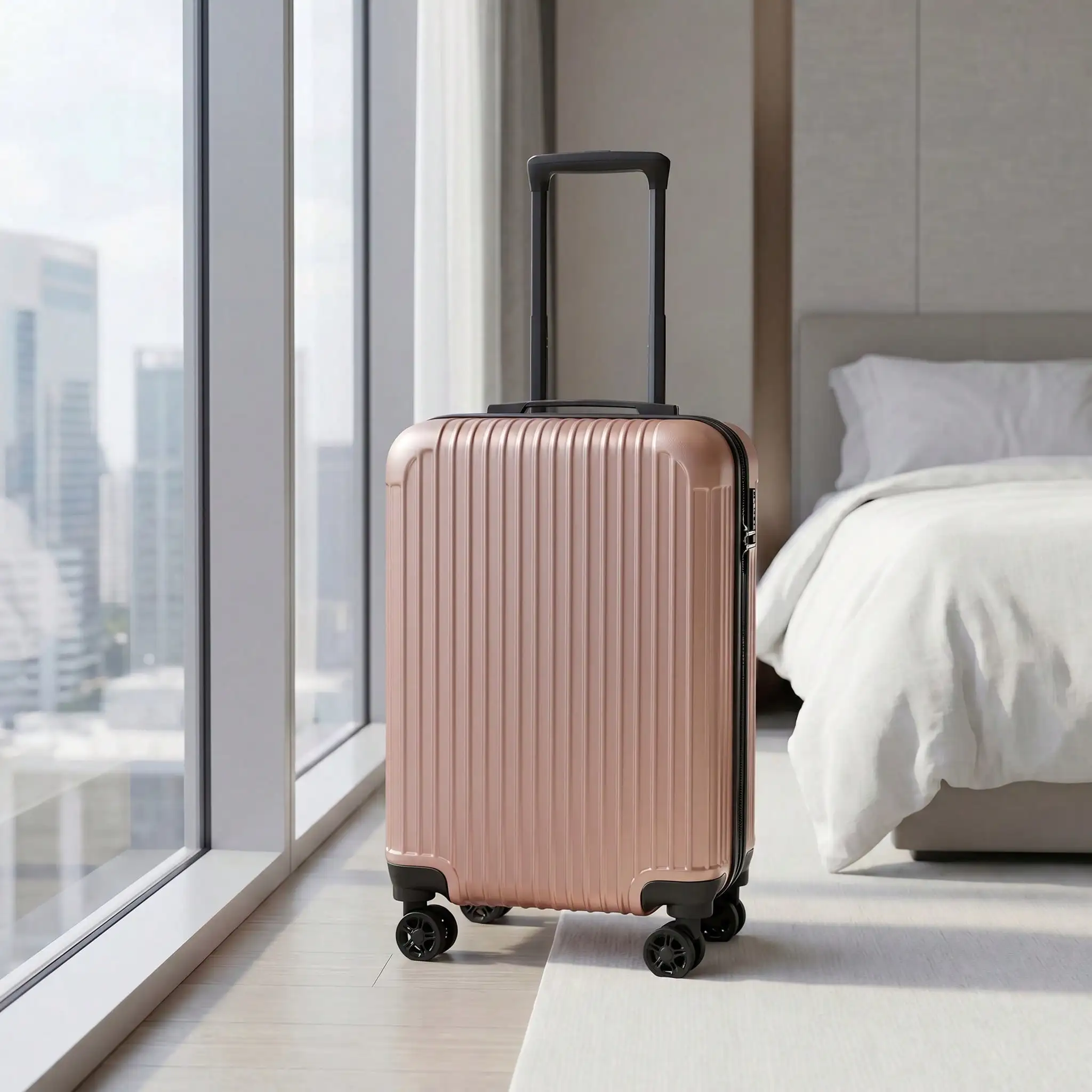 20 Inch Striped ABS Hardshell Cabin Luggage, Lightweight Carry On Trolley Suitcase for Men Women, with 360° Silent Spinner Wheels, Hard Shell Hand Luggage, Large Capacity Rolling Luggage, Ideal for Students, Family Trips, Business Travel, Weekend Outings