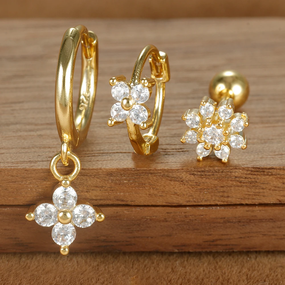 3PCS Simple Four Flower Zircon Little Hoop Earring Stainless Steel Star Cartilage Piercing Earring Set for Women Fashion Jewelry