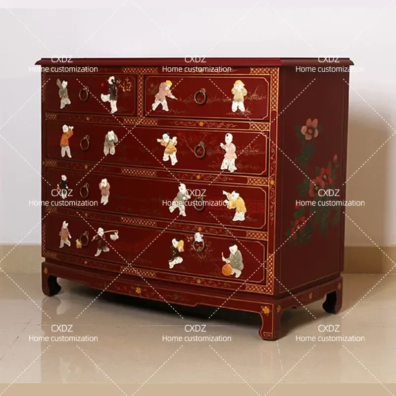 New Chinese Style Lacquer Art Entrance Cabinet with Jade Inlay Baizitu Pattern Classical Decorative Storage Console for
