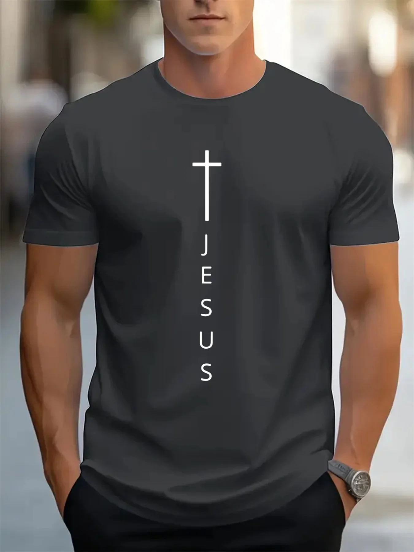 Men's Summer 100 Cotton Fashionable Casual Loose Large Cross and Jesus Letter Printed Sports Round Neck Short Sleeve T-shirt Top