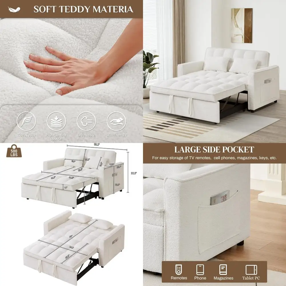 Convertible Sleeper Sofa Bed Modern Futon Couch with Sherpa Loveseat and Adjustable Backrest for Small Spaces