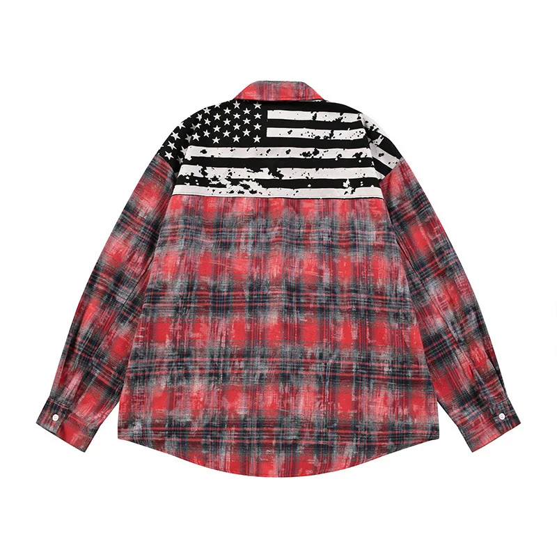 MWJLPWQ Washed Distressed Plaid Long-Sleeve Shirt Loose Casual Style Men's Spring Autumn New Patchwork Lapel Trendy Tops 17681