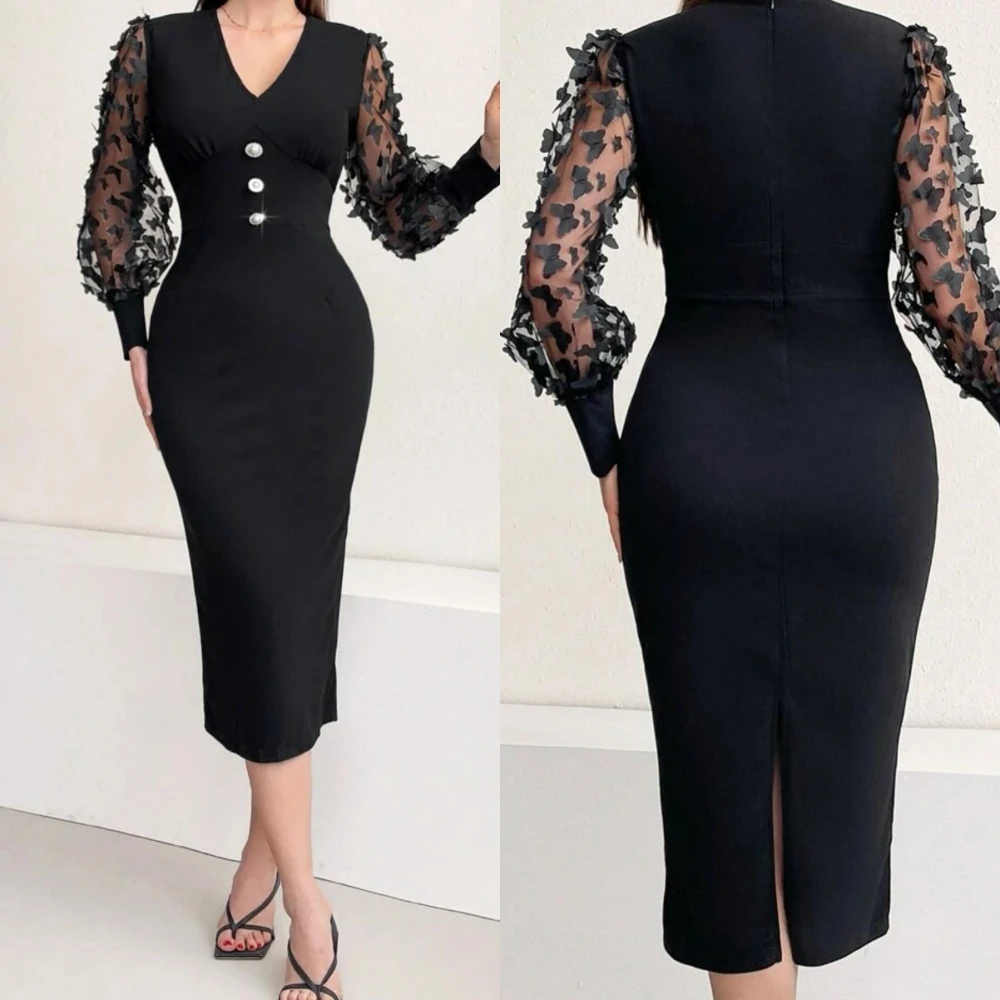 Customized   s Button Appliques Cocktail Party A-line V-Neck Bespoke Occasion Dresses Tea-Length