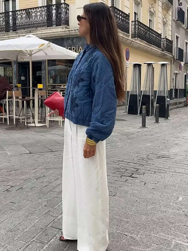 HH 2025 موضة المرأة مبطن سترة قطن الخريف الإناث طويلة الأكمام التطريز مبطن معاطف قصيرة سيدة شارع العليا أبلى