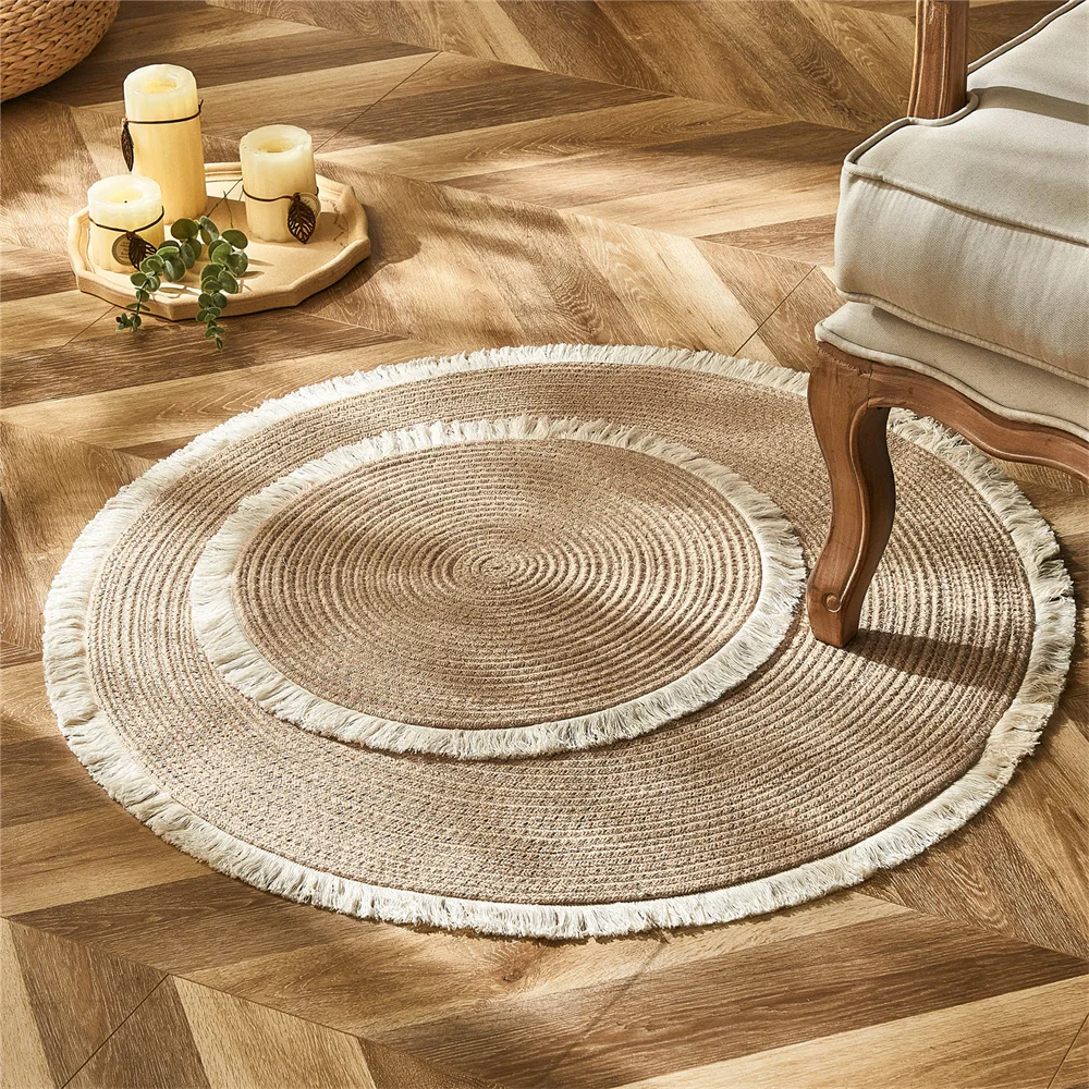 Handmade Round Woven Rugs Rattan Carpet With Tassel for Bedroom Living Room Vintage Floor Mats Chic Room Door Mat Home Decor