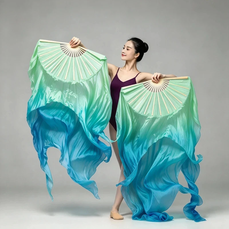 Customizable Size Color Double Layer Gradient Pure Silk Dance Fan for Chinese Traditional Belly Dance Performance Handmade