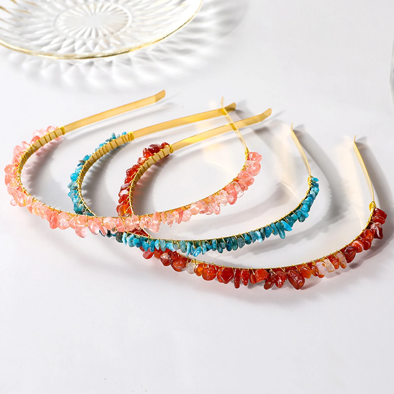 Rose Quartz Headband Amethyst Hair Accessories Raw Crystal Quartz Hair Tiara Colorful Spiritual Crystal Beads Headband for Girls