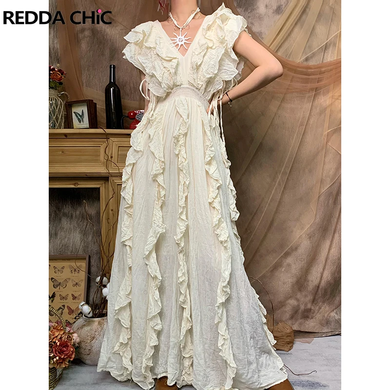 ReddaChic Side Strappy One-piece Princess Dress Women Solid Casual Ruffle Frilly V-neck Long Dress Holiday Summer Boho Clothes