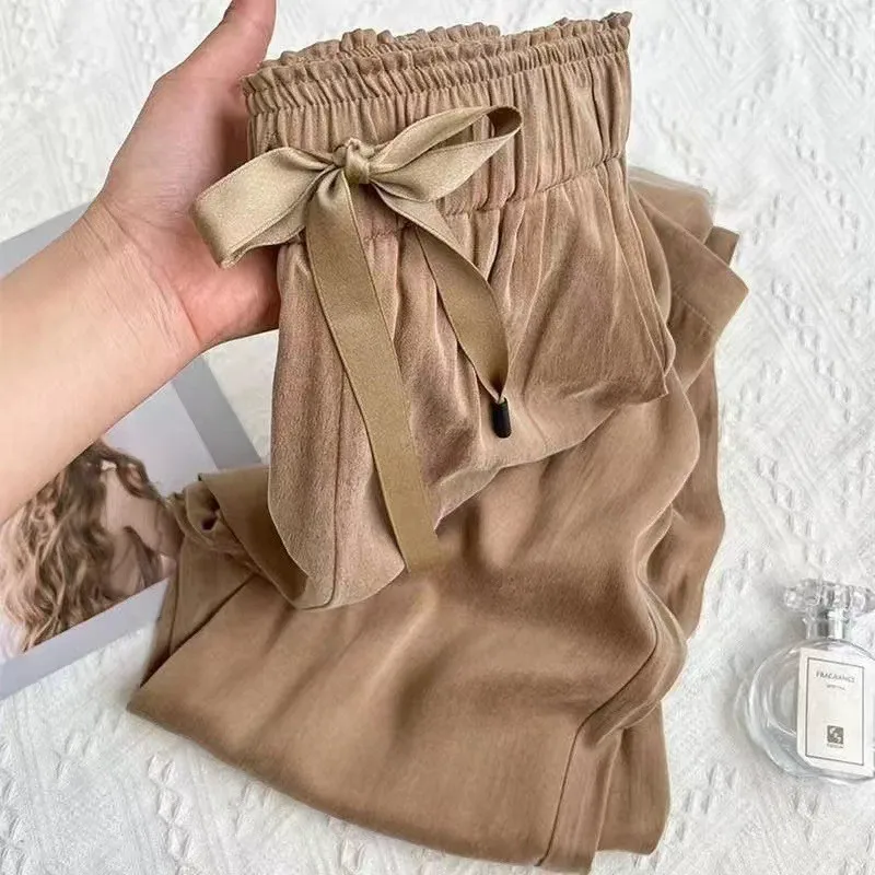Summer Women High Waist Lightweight Pants Drawstring Waist Satin Finish Trousers Beige Loose Fit Wide Leg Pants Black Draped
