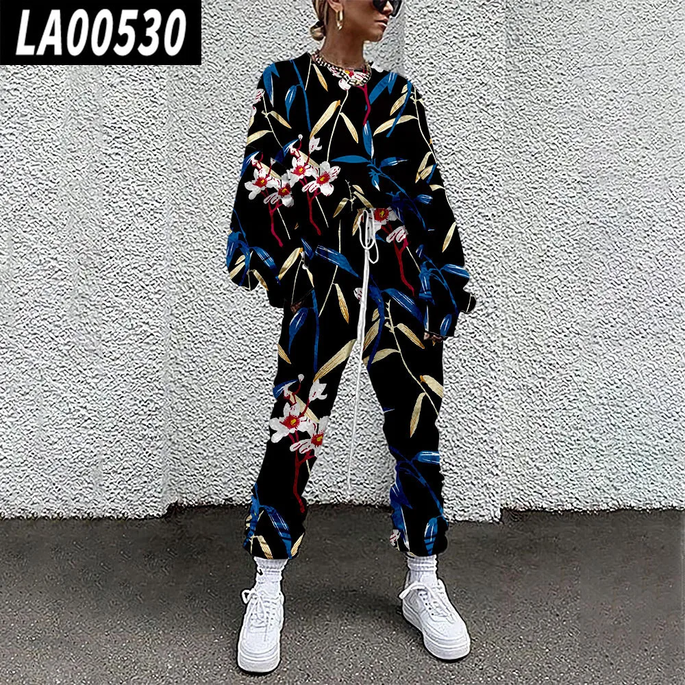Women Casual Floral Print Pullover Tracksuit Hoodies Sweatshirt And Pant Set Lounge Wear Sport 2 Pcs Suit