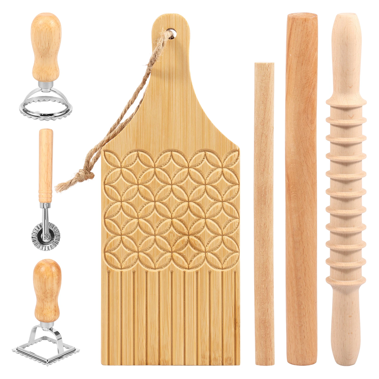 

7 шт. инструменты для изготовления макаронных изделий входят спиральный скалка, деревянная скалка, доска для гвинчи, штамп для равиоли, практичный инструмент для макарон «сделай сам»