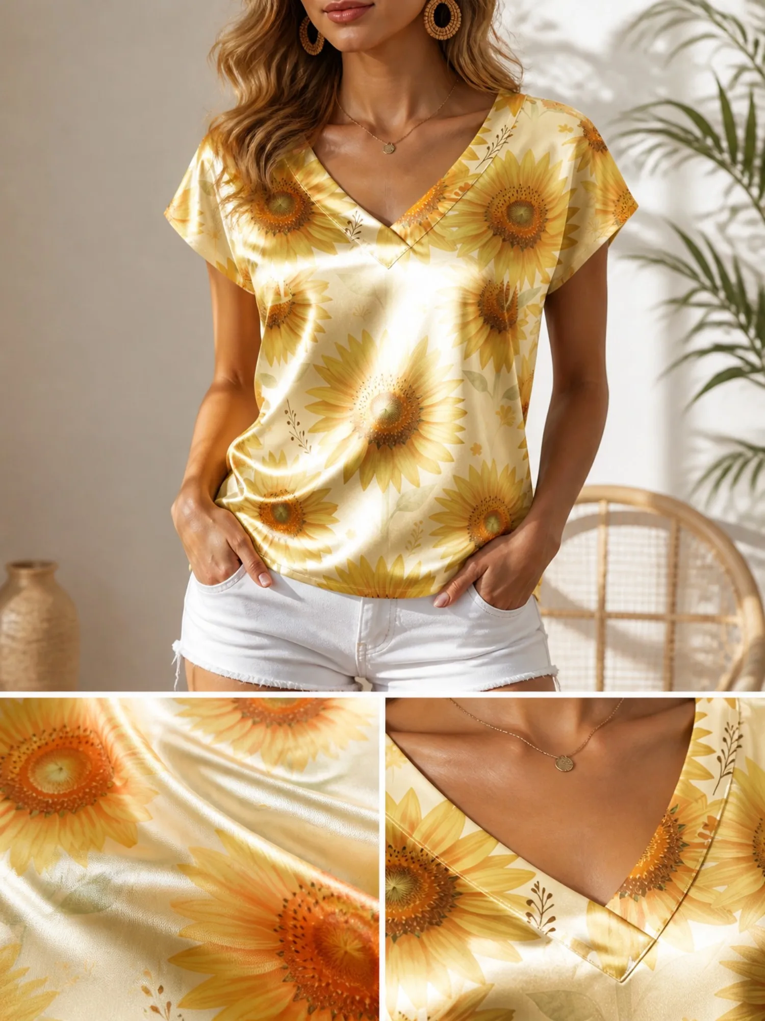 Floral Satin V Neck Top for Women Cap Sleeve Relaxed Draped Fit Silky Vacation Beach Daily Wear Lightweight Breathable Versatile