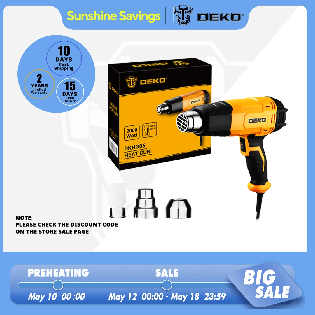 DEKO DKHG06 2000W Heat Gun  2 Temperature Adjustment 3 Accessories Advanced Electric Hot Air Gun Electric Tools