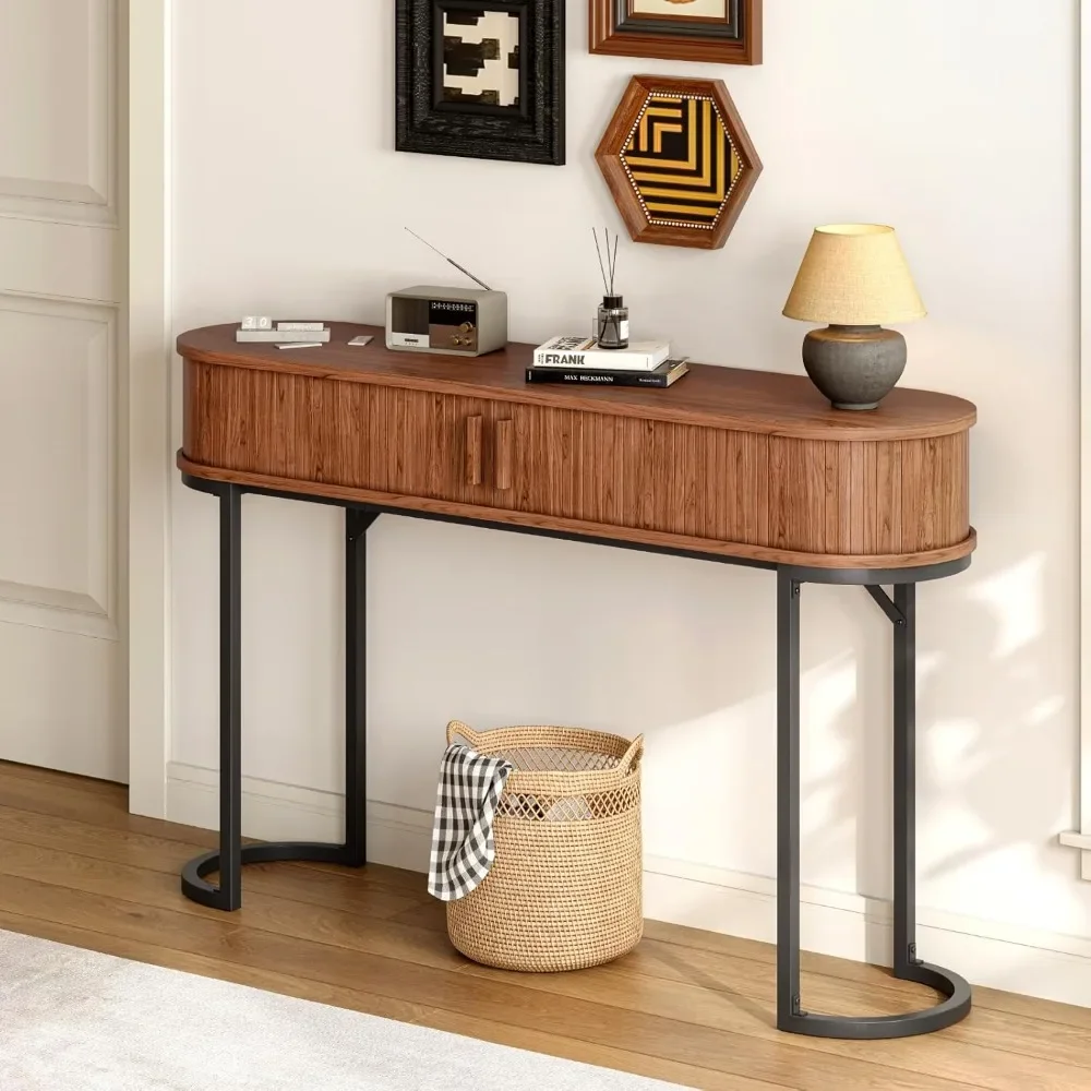 

55 inch console table with 2 drawers, entryway table with sliding door, long sofa table behind couch w/metal leg, mid-century mo
