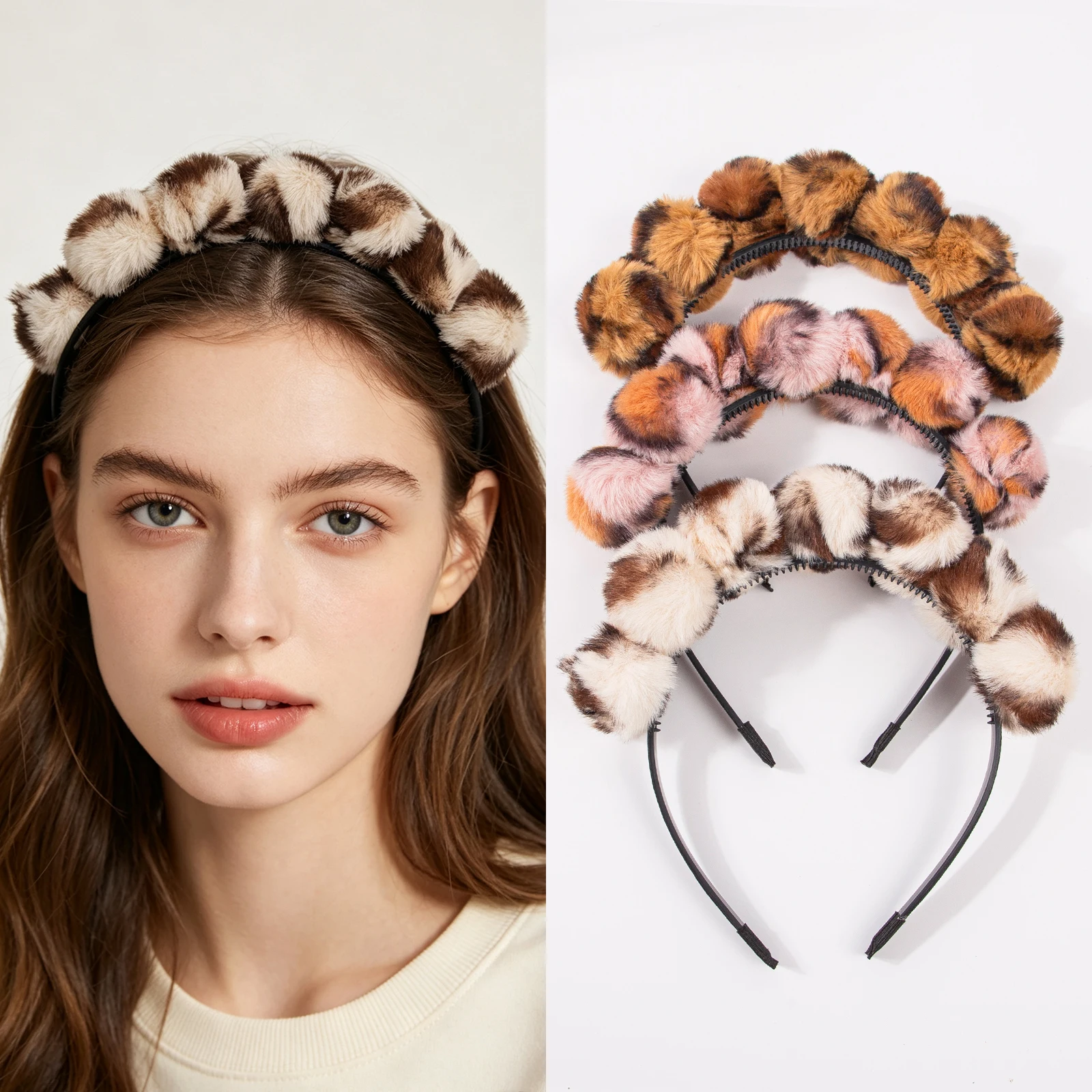 1/3pcs， Leopard print artificial hair headband, fluffy plush ball anti slip toothed headband, winter women's hair accessory