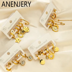 ANENJERY 316L Stainless Steel 6 Pieces Zircon Heart Star Moon Earring for Women Fashion Vintage Jewelry Wholesale