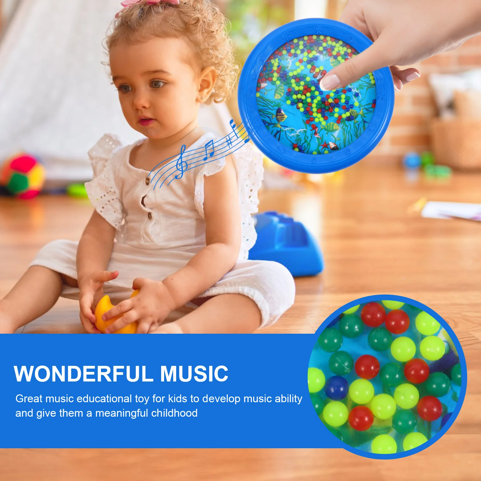 Surf Drum Educational Plaything Baby Kids Toy Tambourine Musical Instrument Blue Ocean Wave Beads