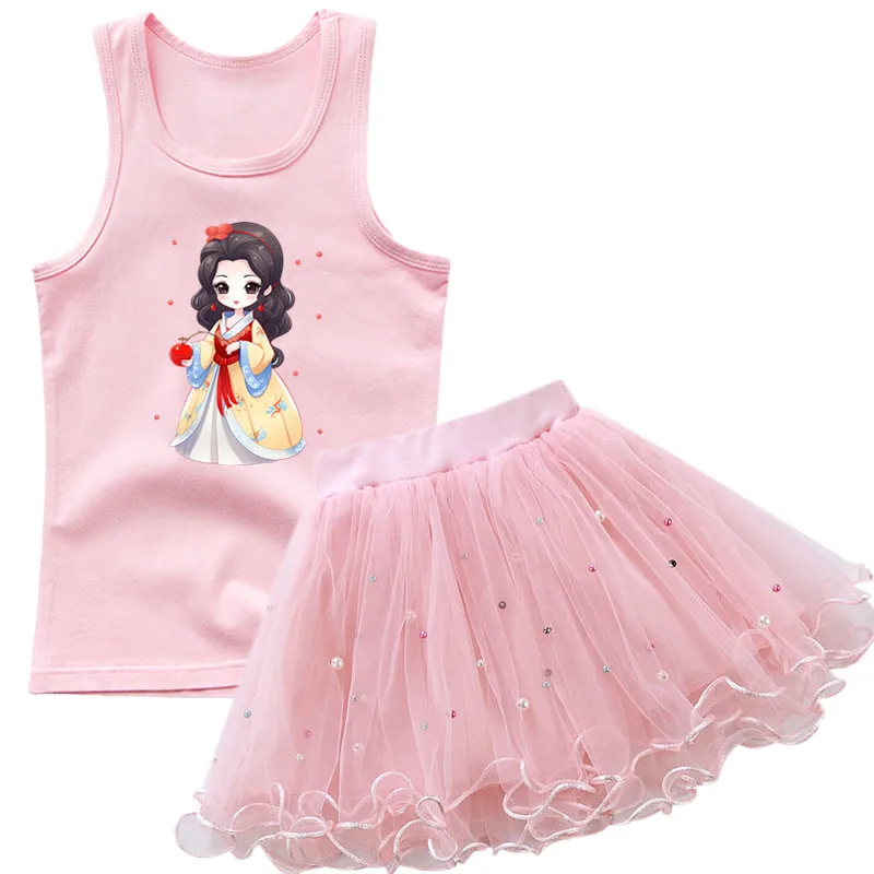 Girls Camera Flower Sleeveless T-shirt Outfits Baby Kids Cute Princess Tank Top +TUTU Skirt 2pcs kids party clothing Set