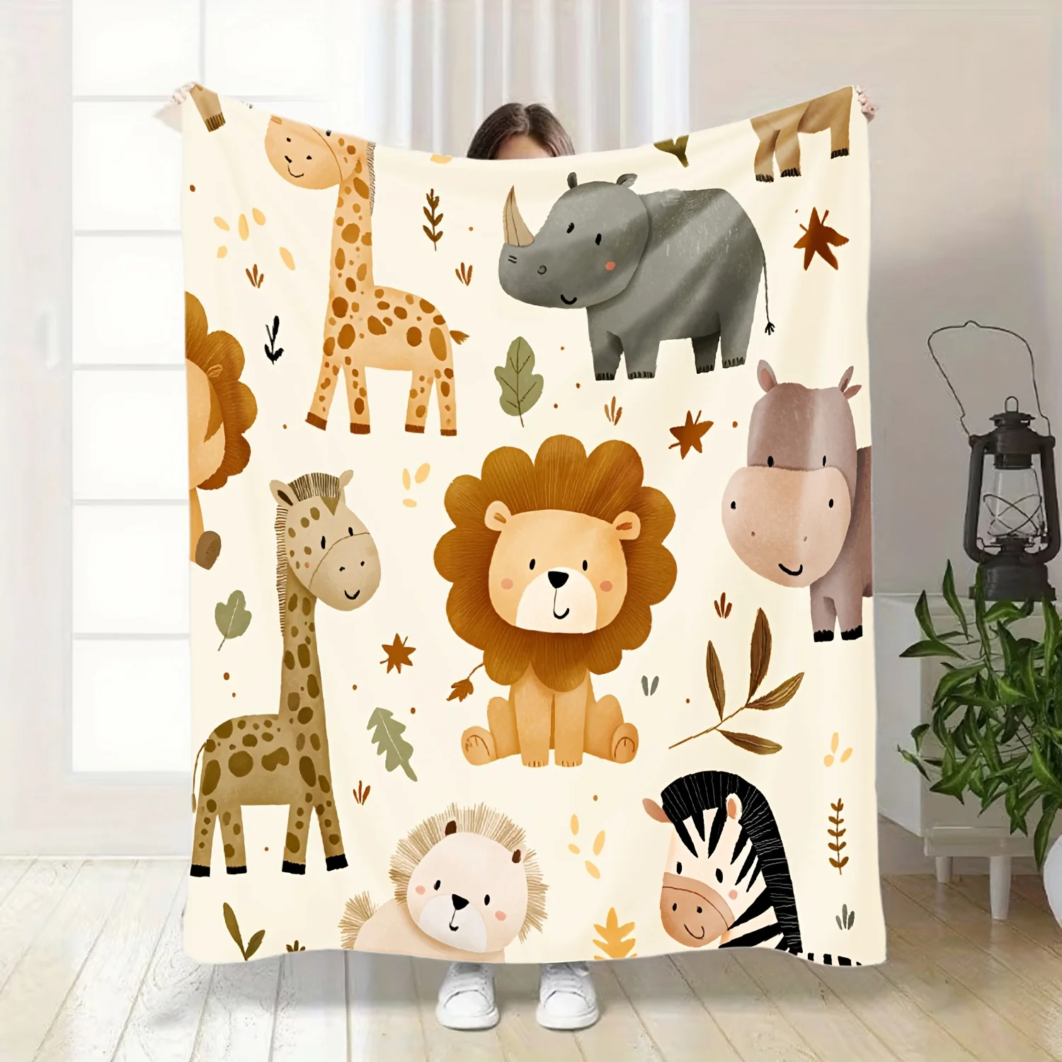 1pc Wildlife Flannel Throw Blanket, Retro Giraffe Lion Rhino Zebra Pattern, Lightweight All Season, for Sofa Bed Office Travel